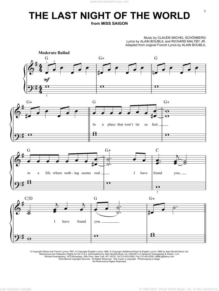 The Last Night Of The World sheet music for piano solo by Alain Boublil and Claude-Michel Schonberg, easy skill level