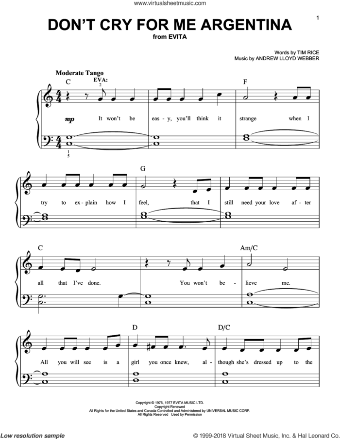 Don't Cry For Me Argentina sheet music for piano solo by Andrew Lloyd Webber, Tim Rice and Madonna, easy skill level
