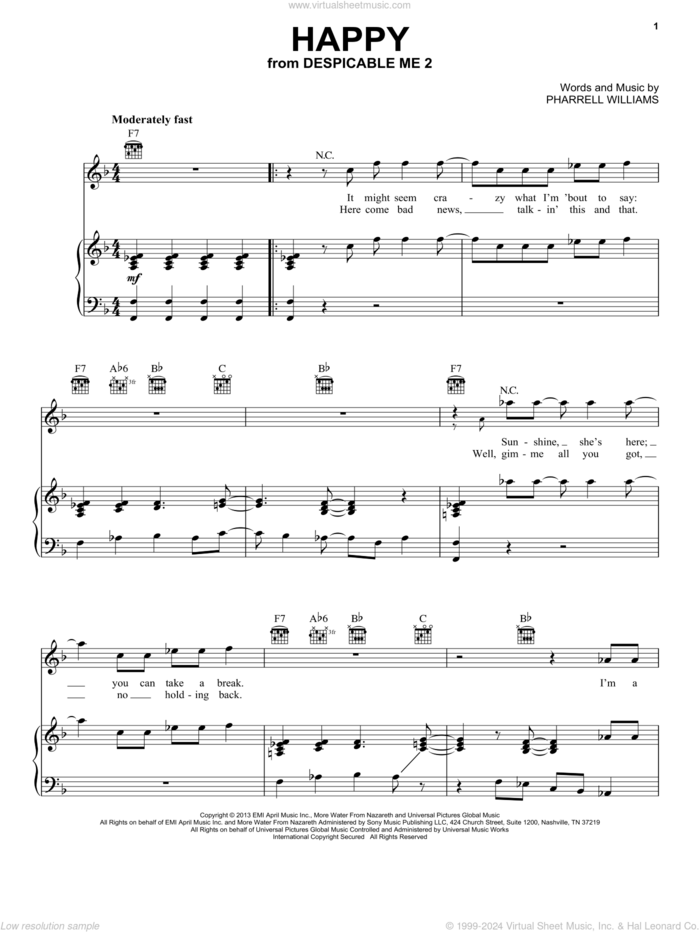 Happy sheet music for voice, piano or guitar by Pharrell Williams and Pharrell, intermediate skill level