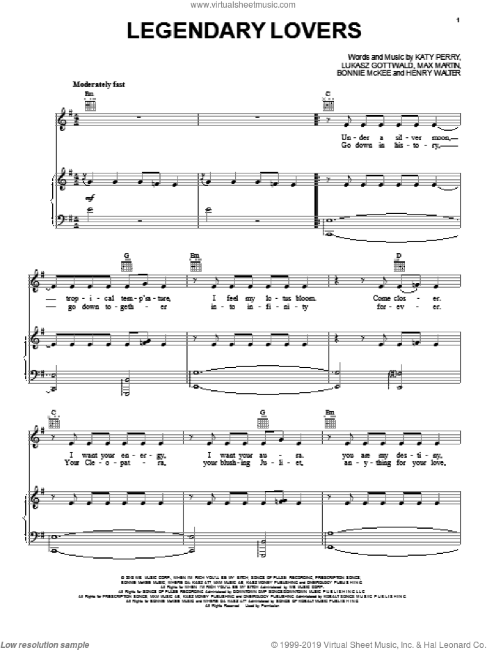 Legendary Lovers sheet music for voice, piano or guitar by Katy Perry, Bonnie McKee, Henry Walter, Lukasz Gottwald and Max Martin, intermediate skill level