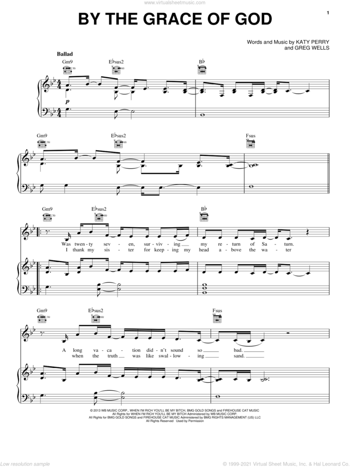 By The Grace Of God sheet music for voice, piano or guitar by Katy Perry and Greg Wells, intermediate skill level
