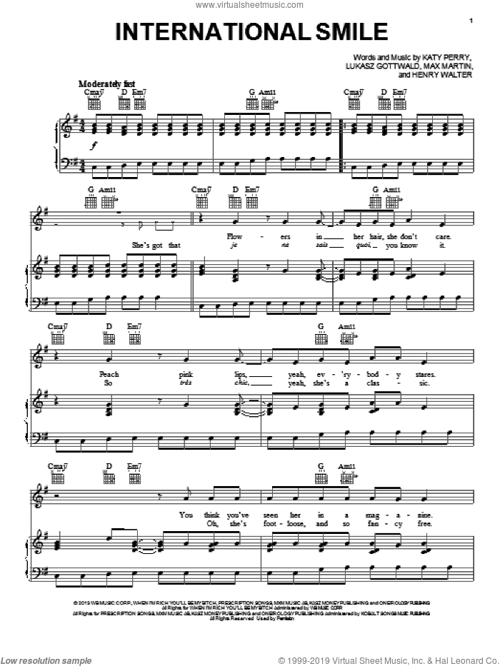 International Smile sheet music for voice, piano or guitar by Katy Perry, Henry Walter, Lukasz Gottwald and Max Martin, intermediate skill level
