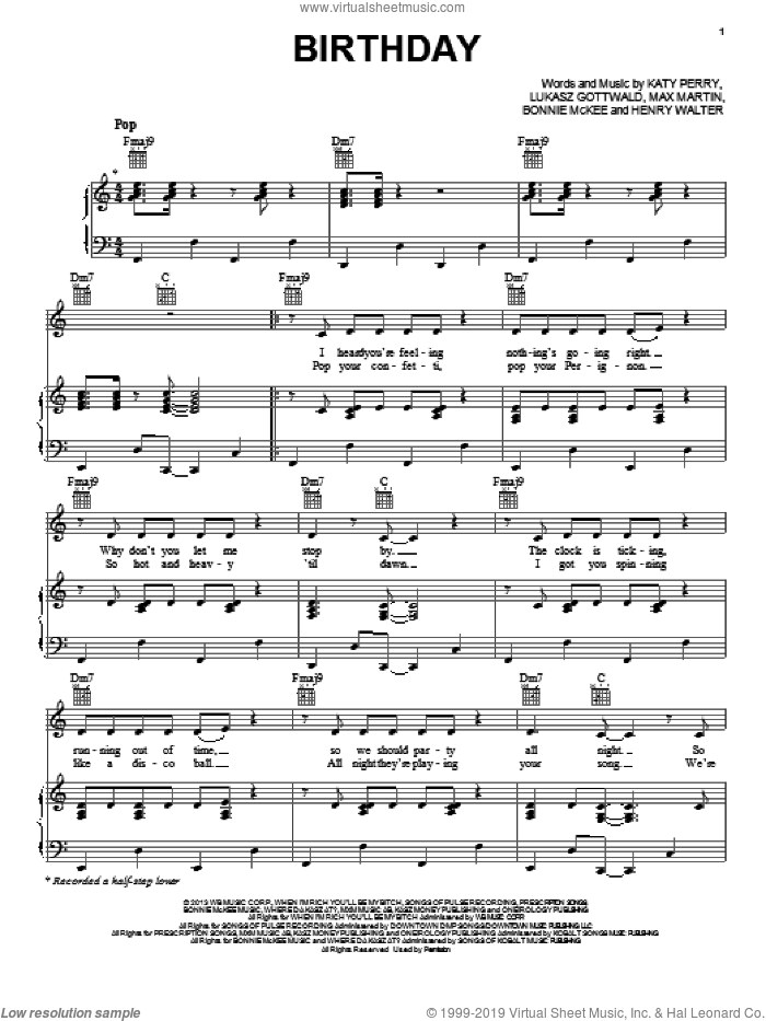 Birthday sheet music for voice, piano or guitar by Katy Perry, Bonnie McKee, Henry Walter, Lukasz Gottwald and Max Martin, intermediate skill level