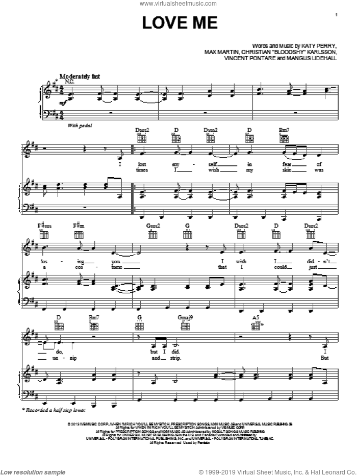 Love Me sheet music for voice, piano or guitar by Katy Perry, Christian 'Bloodshy' Karlsson, Mangus Lidehall, Max Martin and Vincent Pontare, intermediate skill level