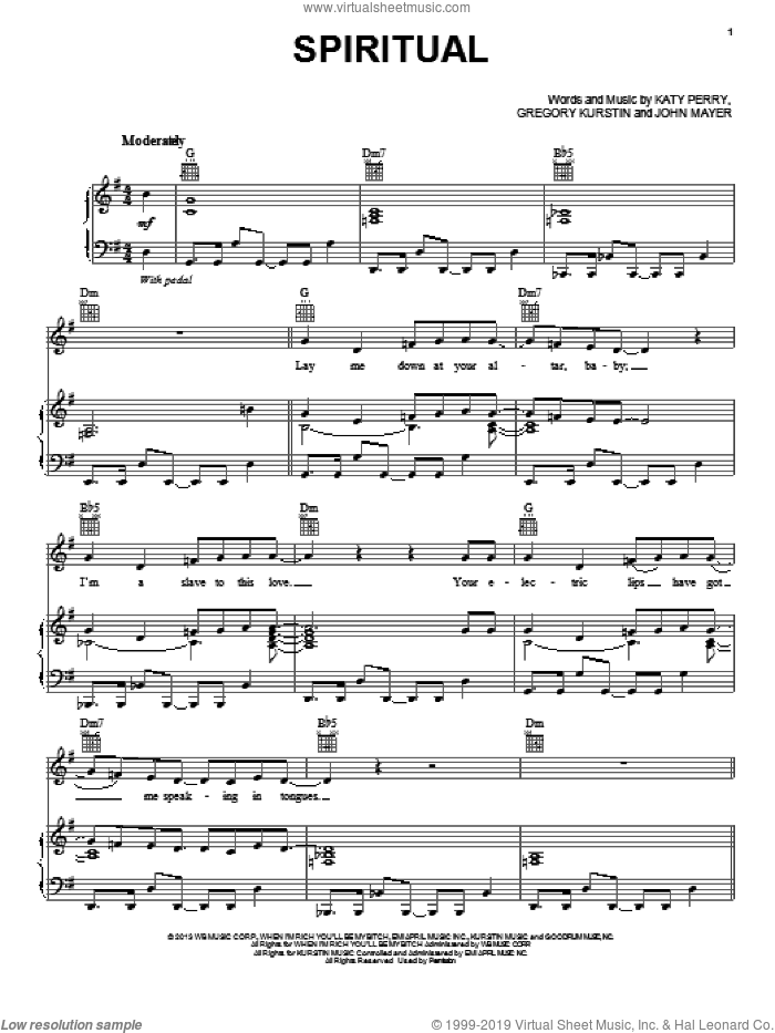 Spiritual sheet music for voice, piano or guitar by Katy Perry, Gregory Kurstin and John Mayer, intermediate skill level