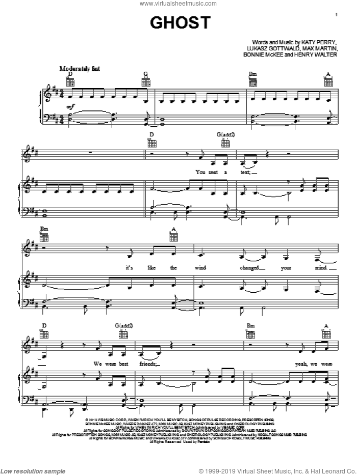 Ghost sheet music for voice, piano or guitar by Katy Perry, Bonnie McKee, Henry Walter, Lukasz Gottwald and Max Martin, intermediate skill level