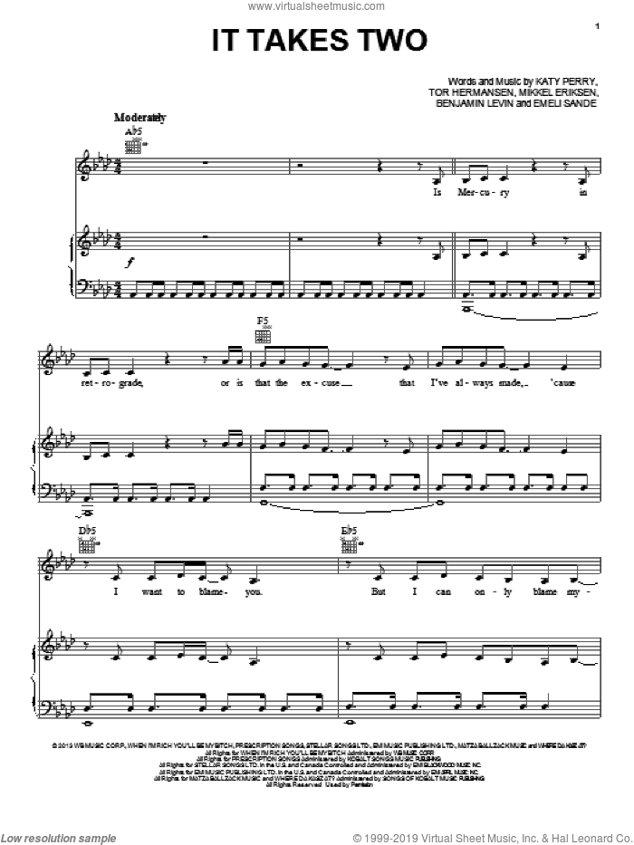 It Takes Two sheet music for voice, piano or guitar by Katy Perry, Benjamin Levin, Emeli Sande, Mikkel Eriksen and Tor Erik Hermansen, intermediate skill level