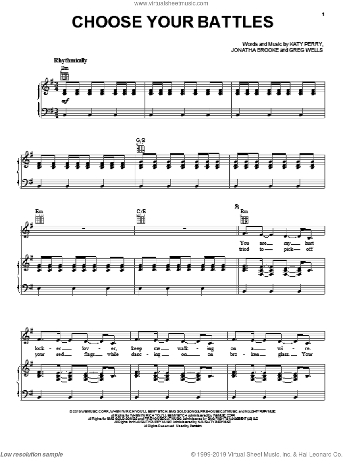 Choose Your Battles sheet music for voice, piano or guitar by Katy Perry, Greg Wells and Jonatha Brooke, intermediate skill level