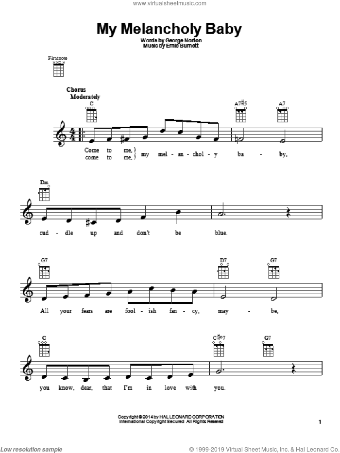 My Melancholy Baby sheet music for ukulele by George A. Norton and Ernie Burnett, intermediate skill level