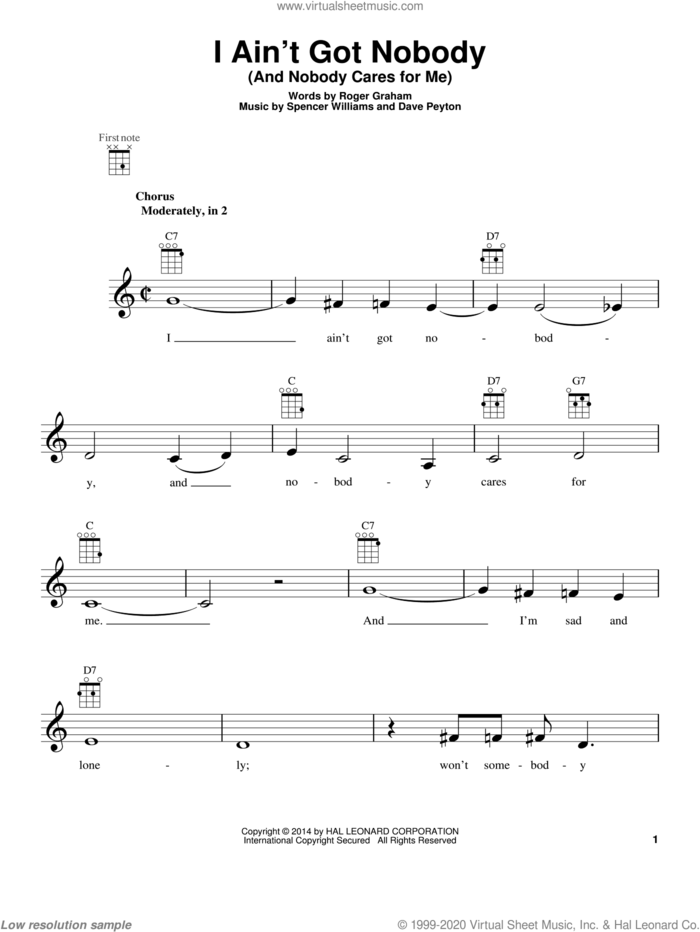 I Ain't Got Nobody (And Nobody Cares For Me) sheet music for ukulele by Spencer Williams, Bessie Smith and Roger Graham, intermediate skill level