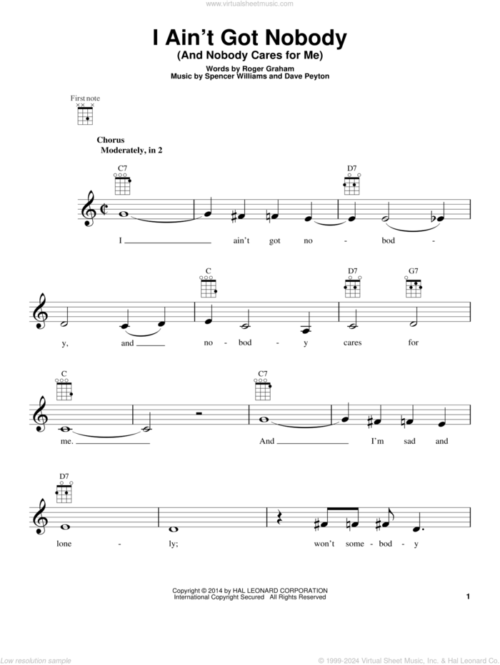 I Ain't Got Nobody (And Nobody Cares For Me) sheet music for ukulele by Spencer Williams, Bessie Smith and Roger Graham, intermediate skill level