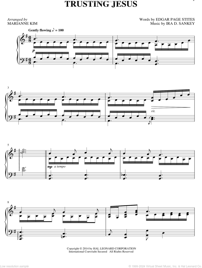 Trusting Jesus sheet music for piano solo by Marianne Kim, Ira D. Sankey and Edgar Page Stites, intermediate skill level