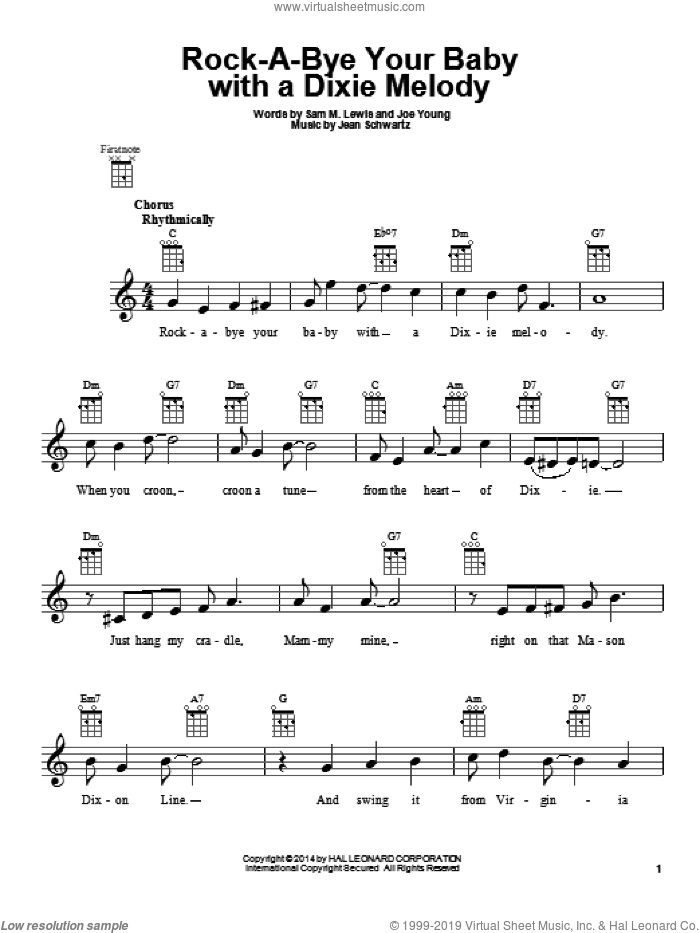 Rock-A-Bye Your Baby With A Dixie Melody sheet music for ukulele by Sam Lewis, Jean Schwartz and Joe Young, intermediate skill level