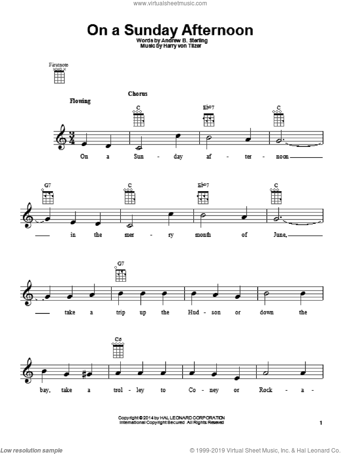 On A Sunday Afternoon sheet music for ukulele by Harry von Tilzer and Andrew B. Sterling, intermediate skill level