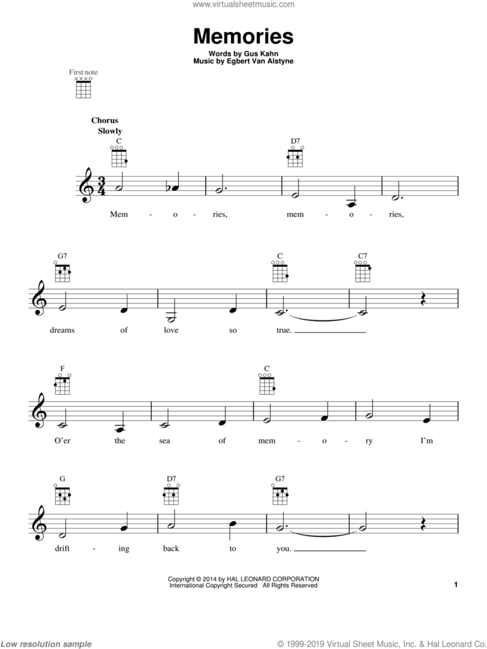 Memories sheet music for ukulele by Gus Kahn and Egbert Van Alstyne, intermediate skill level