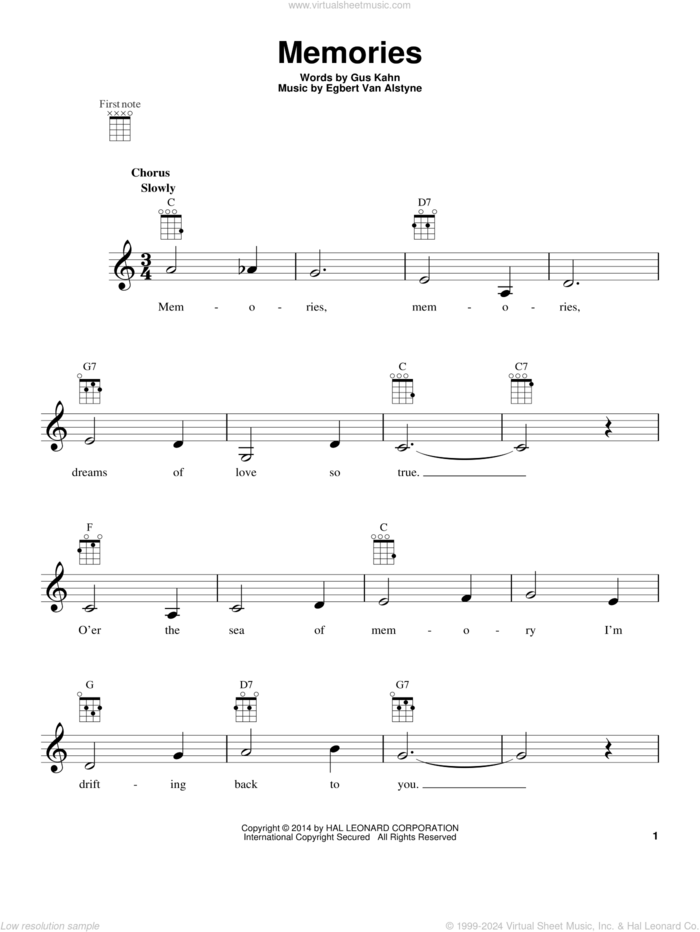 Memories sheet music for ukulele by Gus Kahn and Egbert Van Alstyne, intermediate skill level