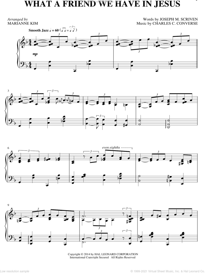 What A Friend We Have In Jesus sheet music for piano solo by Joseph M. Scriven, Charles C. Converse and Marianne Kim, intermediate skill level
