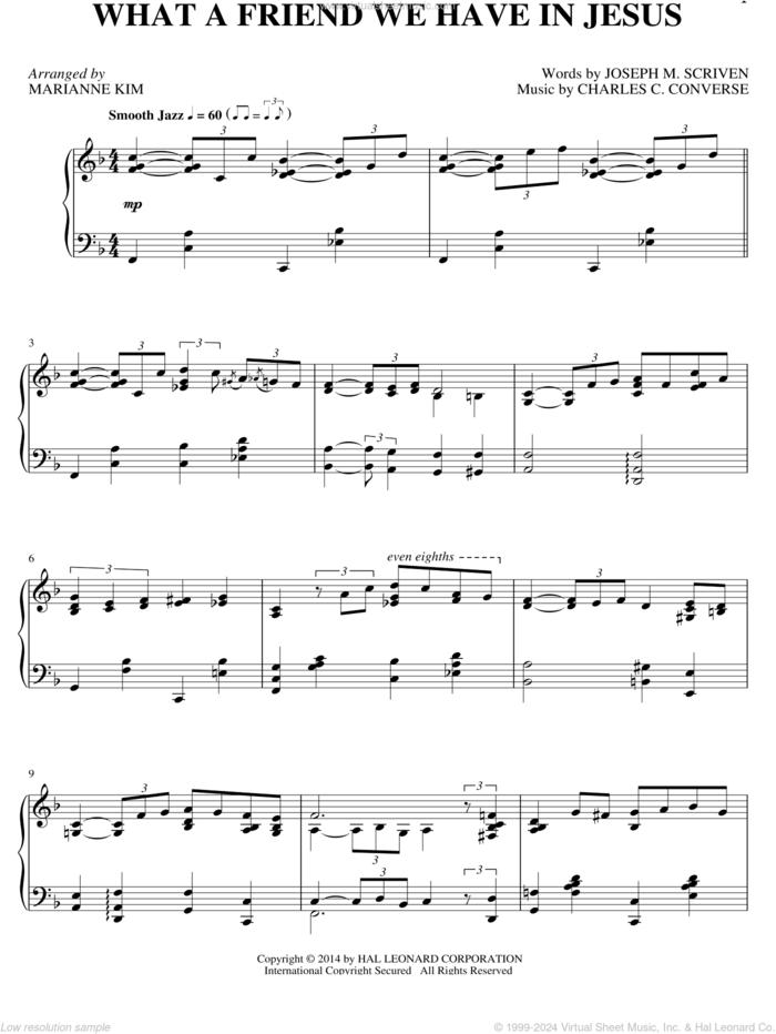 What A Friend We Have In Jesus sheet music for piano solo by Joseph M. Scriven, Charles C. Converse and Marianne Kim, intermediate skill level