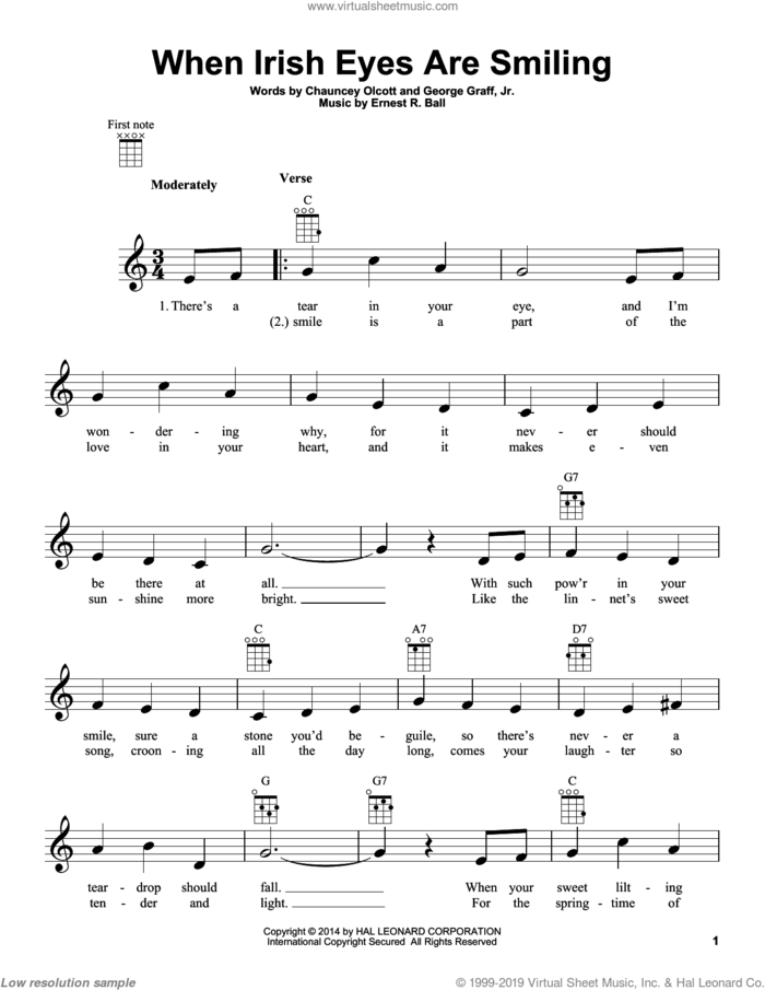 When Irish Eyes Are Smiling sheet music for ukulele by Chauncey Olcott and George Graff Jr., intermediate skill level