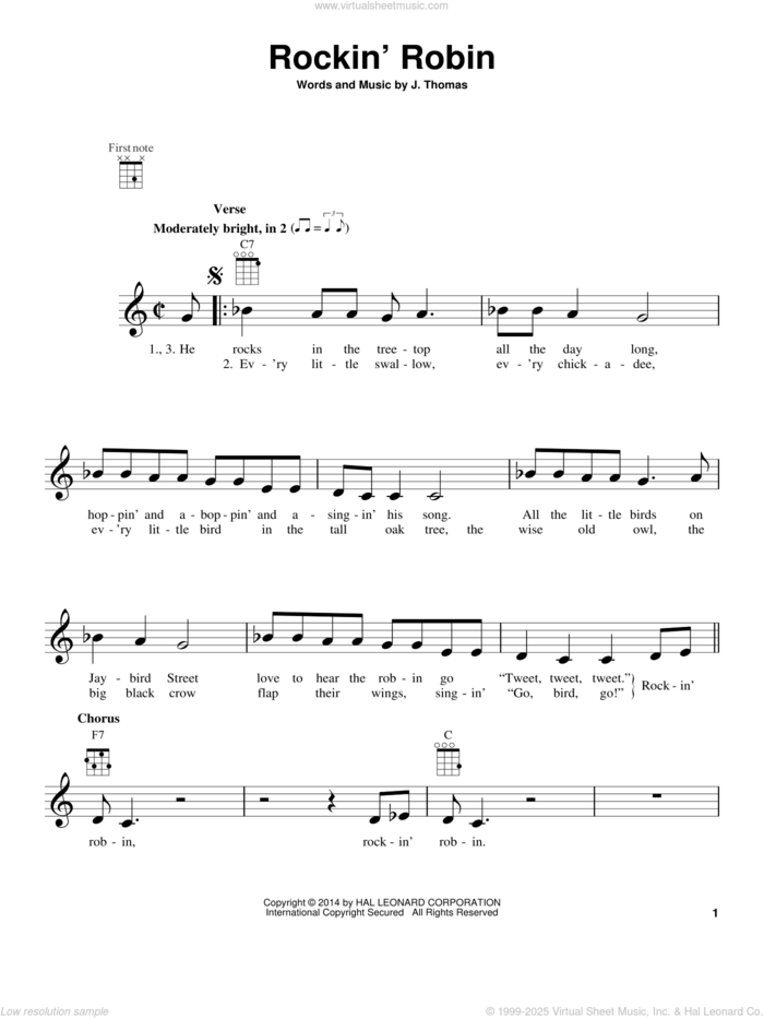 Rockin' Robin sheet music for ukulele by Thomas Jimmie, Bobby Day and Michael Jackson, intermediate skill level