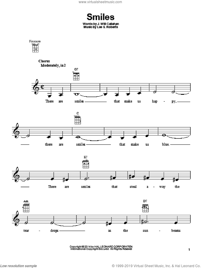 Smiles sheet music for ukulele by Lee S. Roberts and J. Will Callahan, intermediate skill level