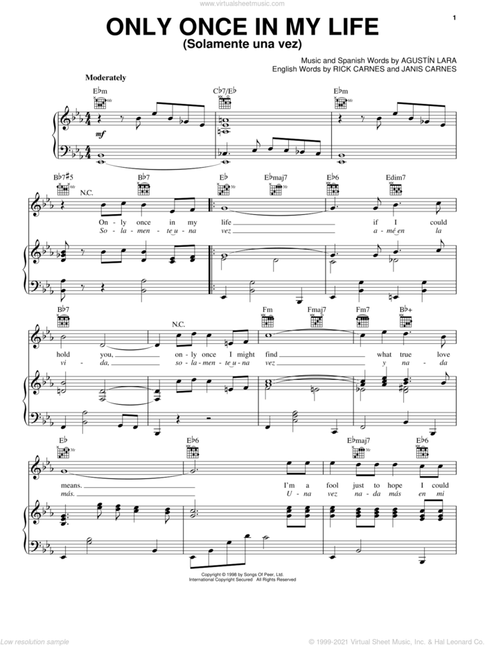 Only Once In My Life (Solamente Una Vez) sheet music for voice, piano or guitar by Agustin Lara and Janis Carnes, intermediate skill level