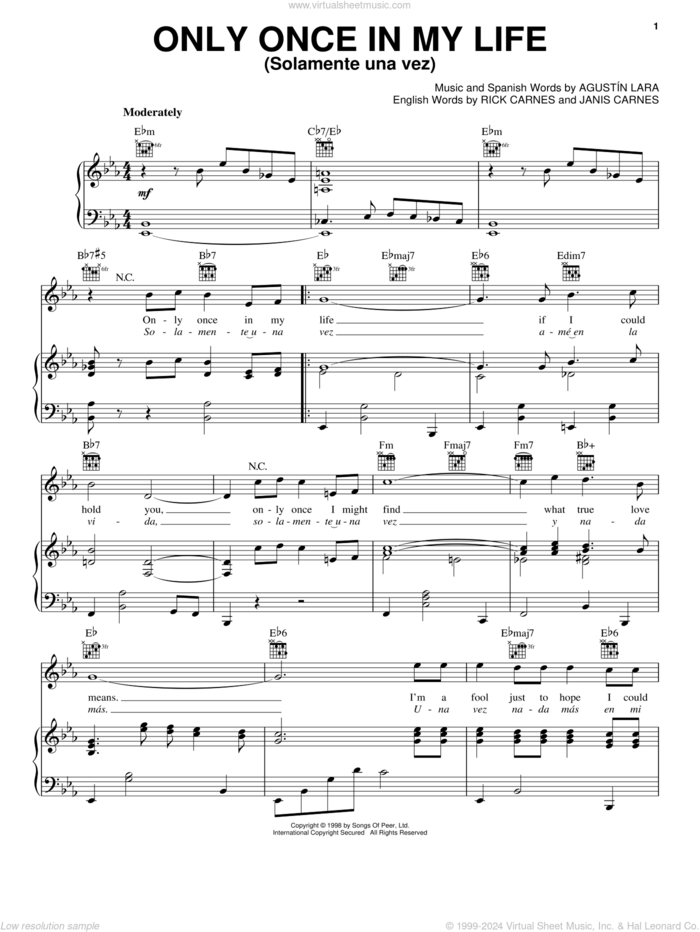 Only Once In My Life (Solamente Una Vez) sheet music for voice, piano or guitar by Agustin Lara and Janis Carnes, intermediate skill level