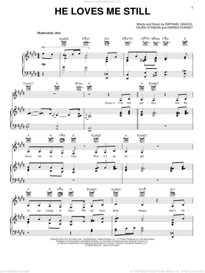 He Loves Me Still sheet music for voice, piano or guitar by Angela Bassett and Jennifer Hudson, Darien Dorsey, Raphael Saadiq and Taura Stinson, intermediate skill level