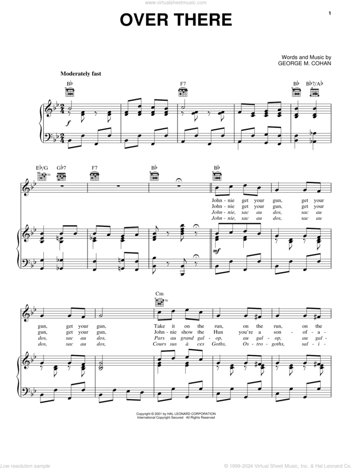 Over There sheet music for voice, piano or guitar by George M. Cohan, intermediate skill level
