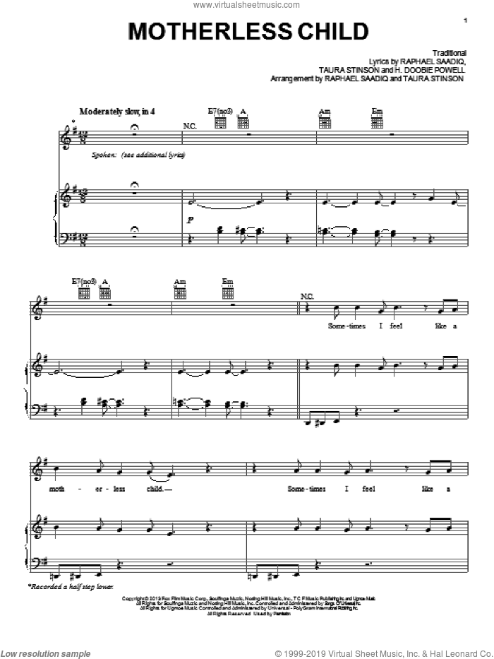 Motherless Child sheet music for voice, piano or guitar by Jacob Latimore, H. Doobie Powell, Raphael Saadiq and Taura Stinson, intermediate skill level