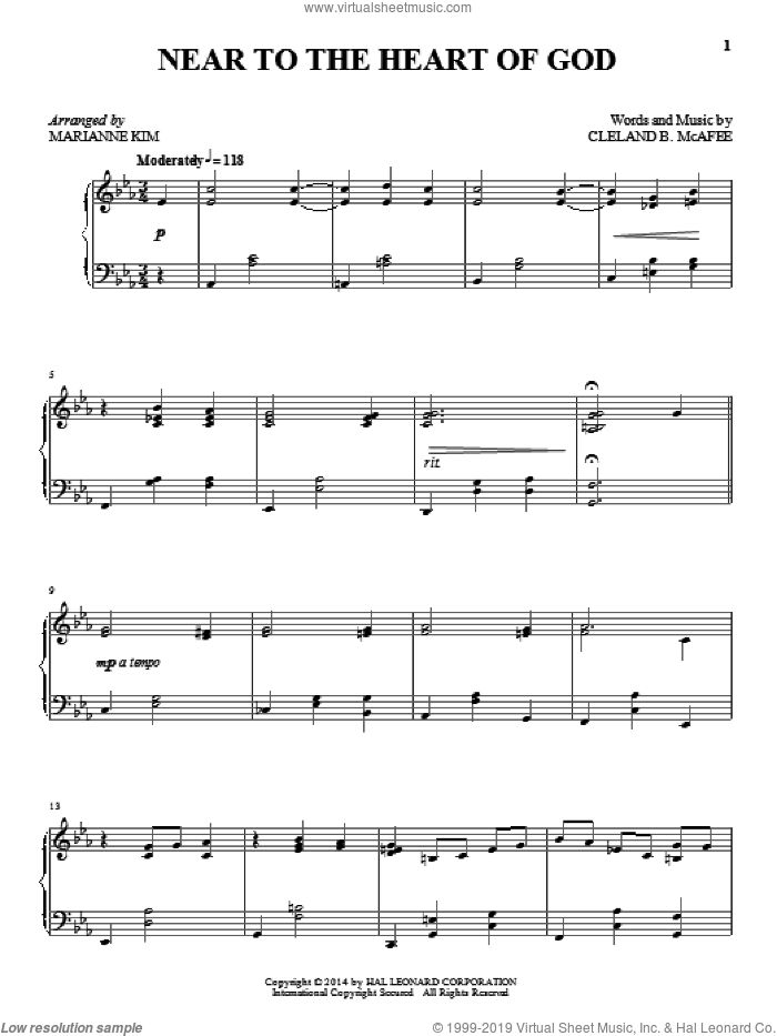 Near To The Heart Of God sheet music for piano solo by Marianne Kim and Cleland B. McAfee, intermediate skill level