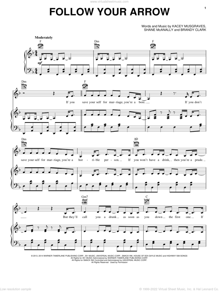 Follow Your Arrow sheet music for voice, piano or guitar by Kacey Musgraves, Brandy Clark and Shane McAnally, intermediate skill level