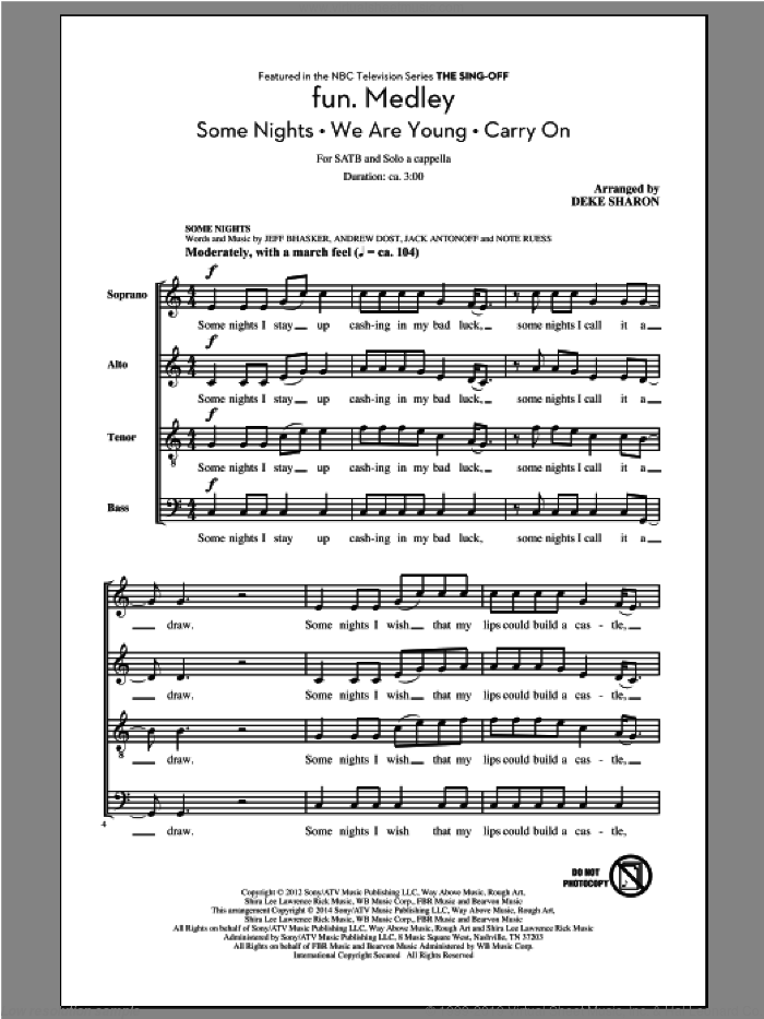 fun. Medley (from the Sing-Off) (arr. Deke Sharon) sheet music for choir (SATB: soprano, alto, tenor, bass) by Jeff Bhasker, Deke Sharon, Fun, fun. featuring Janelle Monae, Andrew Dost, Jack Antonoff and Nate Ruess, intermediate skill level