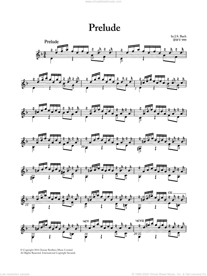 Prelude BWV 999 sheet music for guitar solo by Johann Sebastian Bach, classical score, intermediate skill level