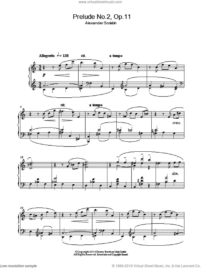 Prelude No.2, Op.11 sheet music for piano solo by Alexander Scriabin, classical score, intermediate skill level