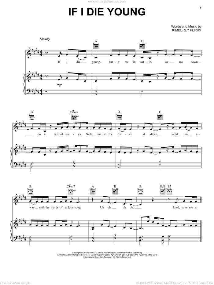 If I Die Young sheet music for voice, piano or guitar by The Band Perry and Kimberly Perry, intermediate skill level