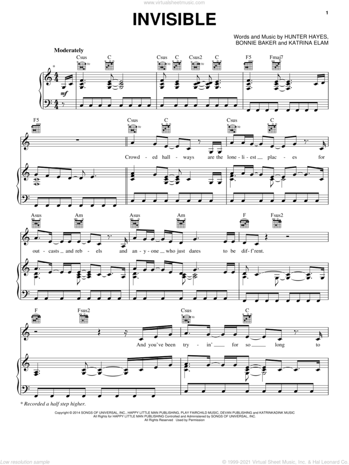 Invisible sheet music for voice, piano or guitar by Hunter Hayes, Bonnie Baker and Katrina Elam, intermediate skill level