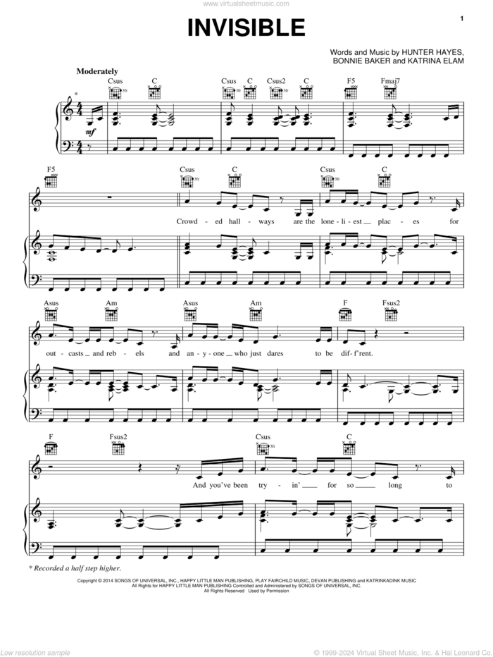 Invisible sheet music for voice, piano or guitar by Hunter Hayes, Bonnie Baker and Katrina Elam, intermediate skill level
