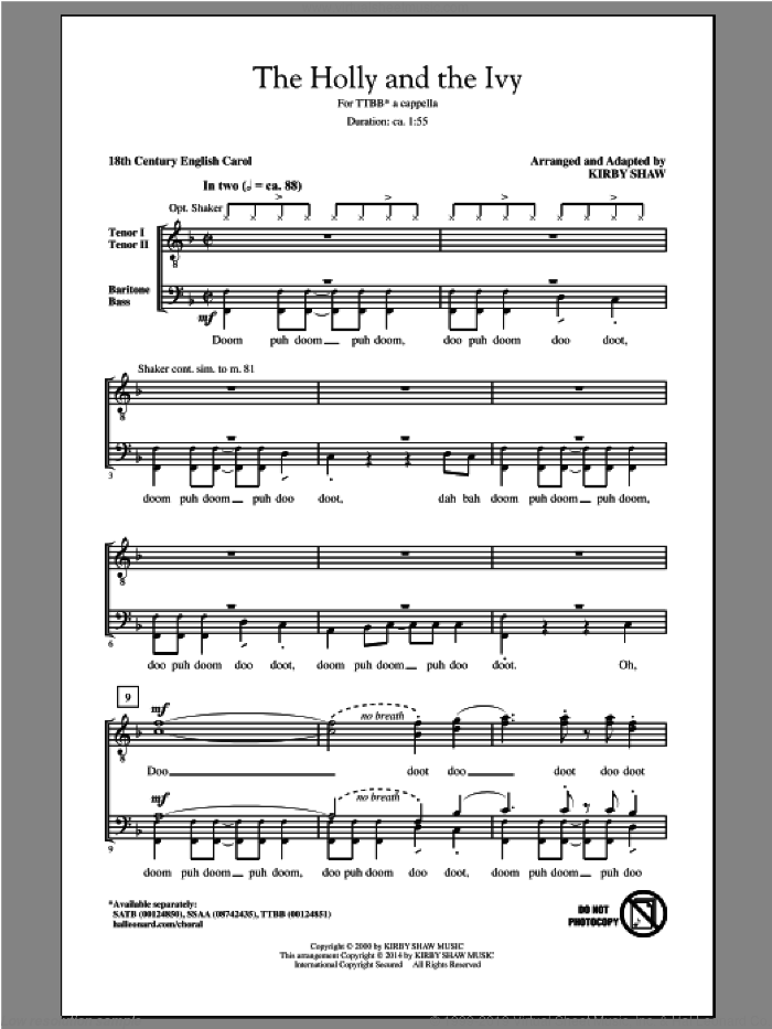 The Holly And The Ivy sheet music for choir (TTBB: tenor, bass) by Kirby Shaw, intermediate skill level