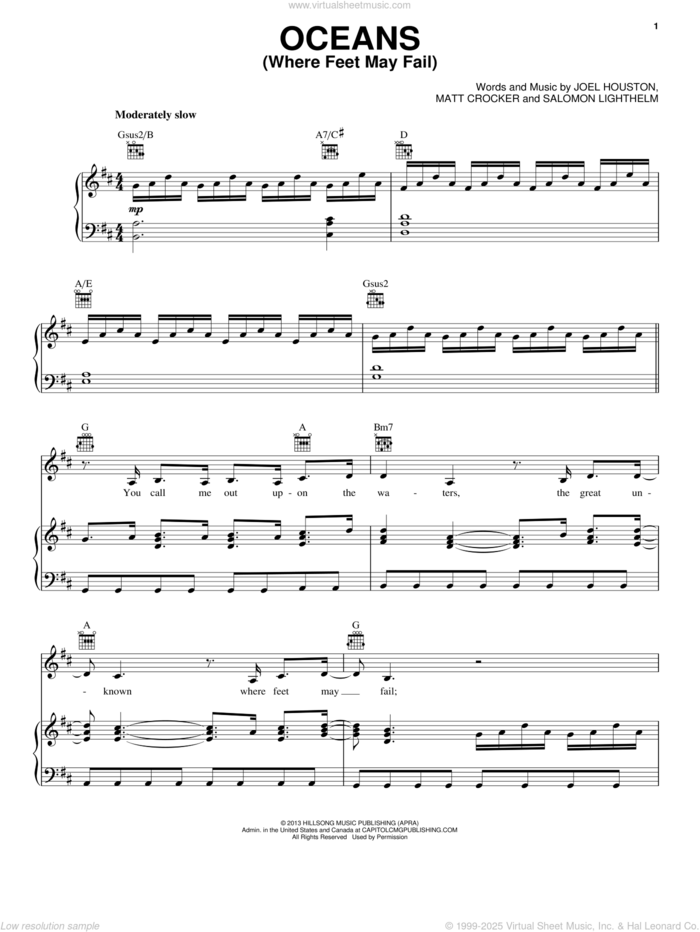 Oceans (Where Feet May Fail) sheet music for voice, piano or guitar by Hillsong United, Joel Houston, Matt Crocker and Salomon Lighthelm, intermediate skill level