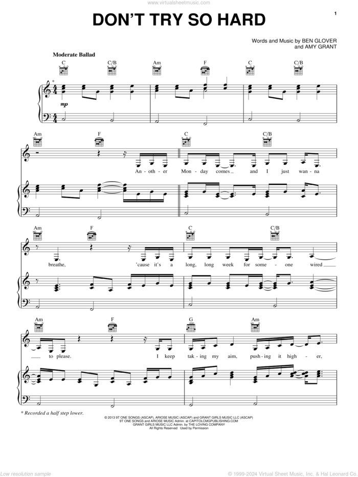 Don't Try So Hard sheet music for voice, piano or guitar by Amy Grant and Ben Glover, intermediate skill level