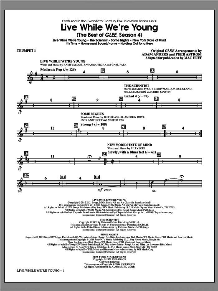 Live While We're Young (The Best of Glee Season 4) sheet music for orchestra/band (trumpet 1) by Mac Huff, intermediate skill level
