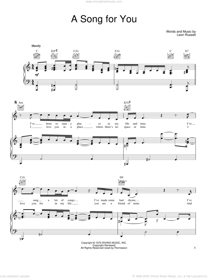 A Song For You sheet music for voice, piano or guitar by Joe Cocker and Leon Russell, intermediate skill level