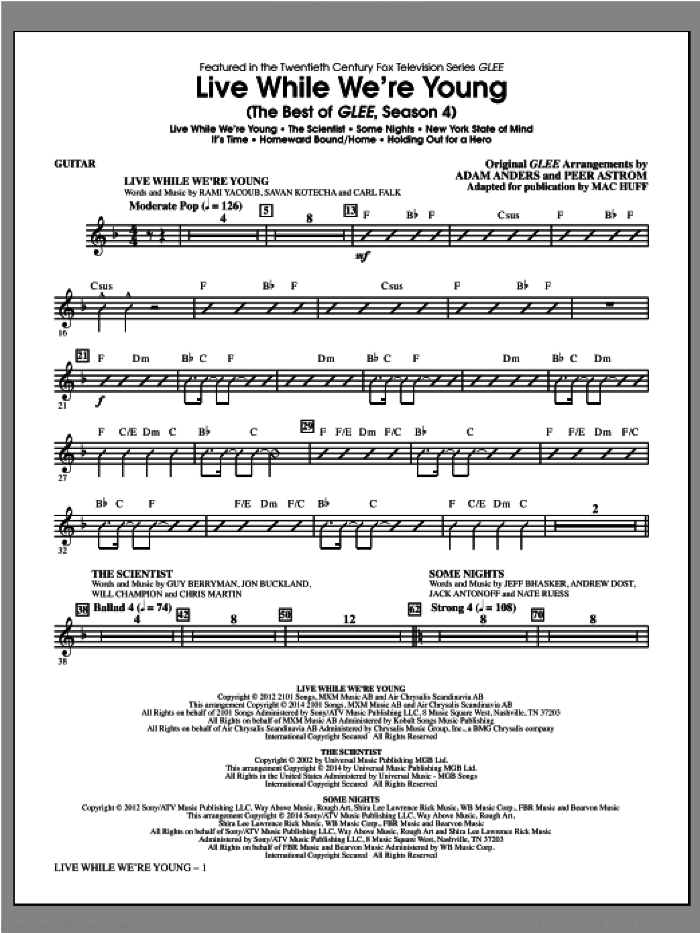 Live While We're Young (The Best of Glee Season 4) sheet music for orchestra/band (guitar) by Mac Huff, intermediate skill level
