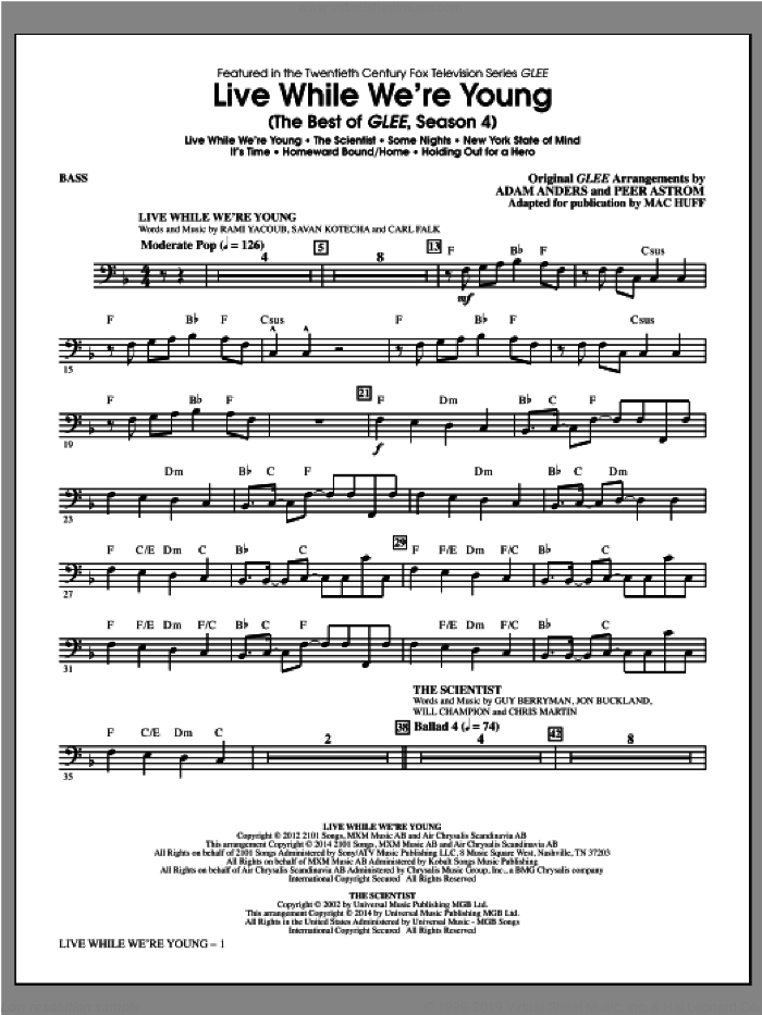 Live While We're Young (The Best of Glee Season 4) sheet music for orchestra/band (bass) by Mac Huff, intermediate skill level