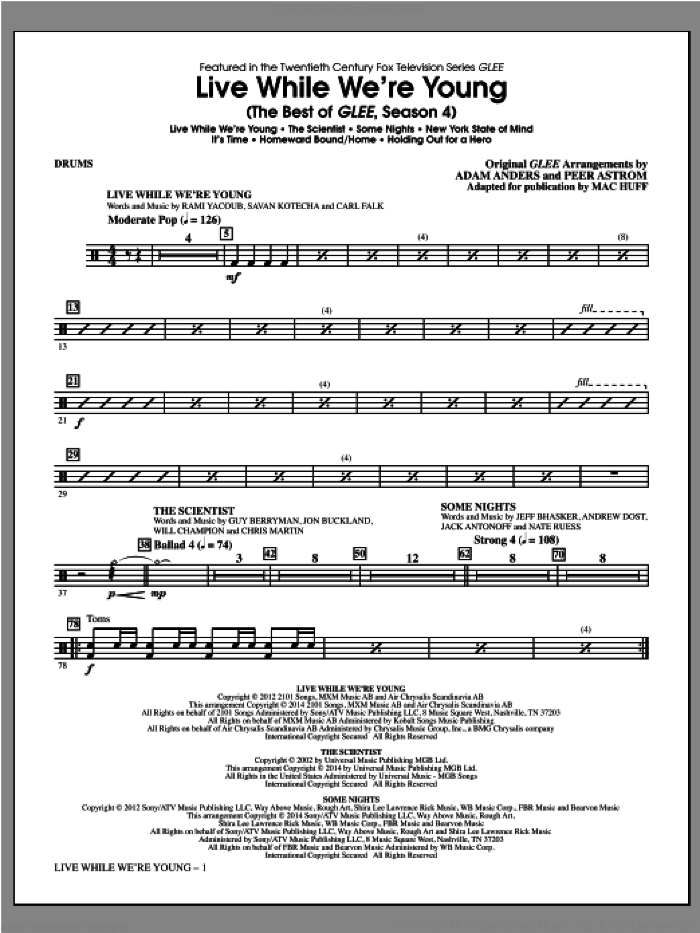 Live While We're Young (The Best of Glee Season 4) sheet music for orchestra/band (drums) by Mac Huff, intermediate skill level