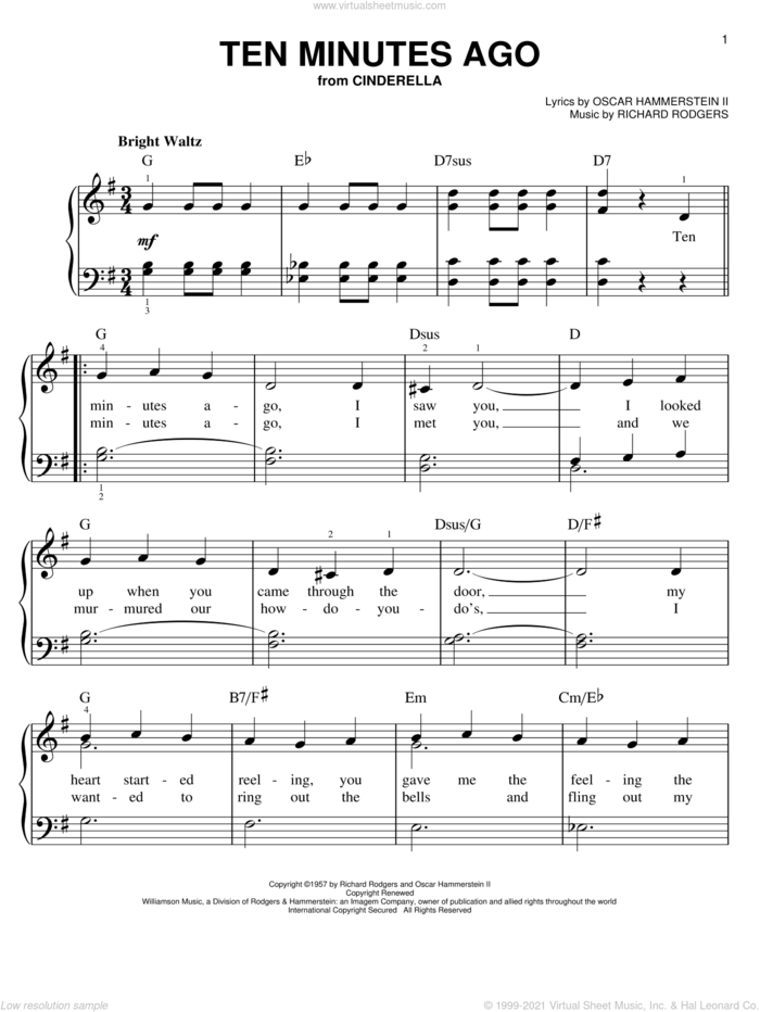 Ten Minutes Ago sheet music for piano solo by Rodgers & Hammerstein, Oscar II Hammerstein and Richard Rodgers, easy skill level