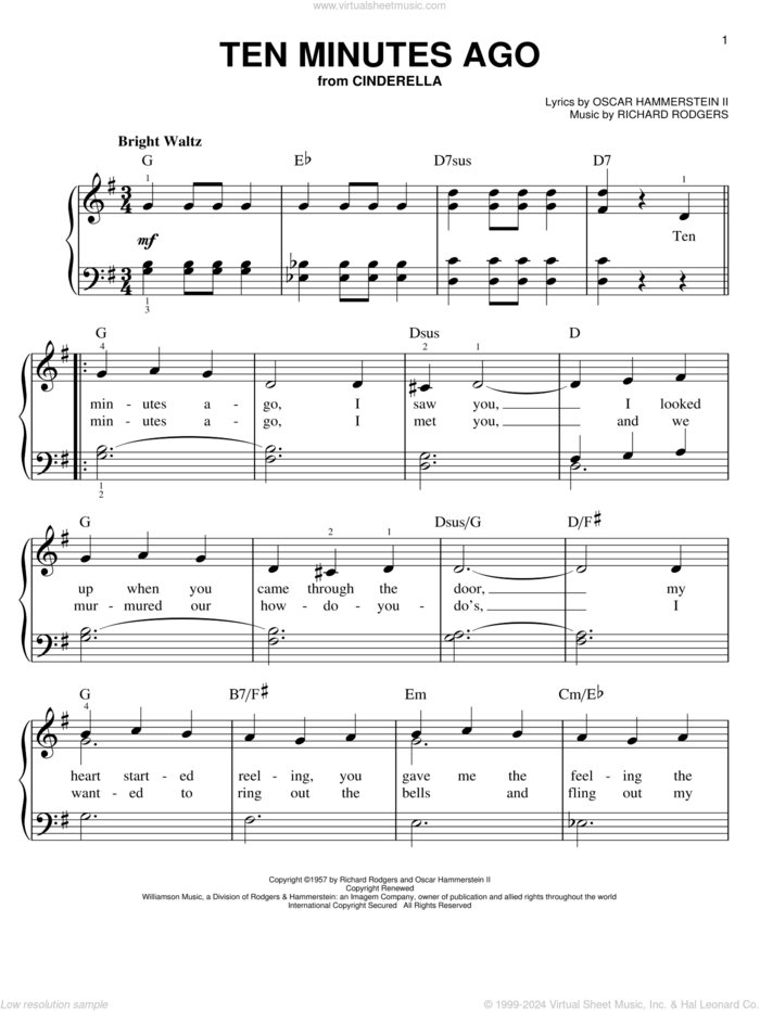 Ten Minutes Ago sheet music for piano solo by Rodgers & Hammerstein, Oscar II Hammerstein and Richard Rodgers, easy skill level