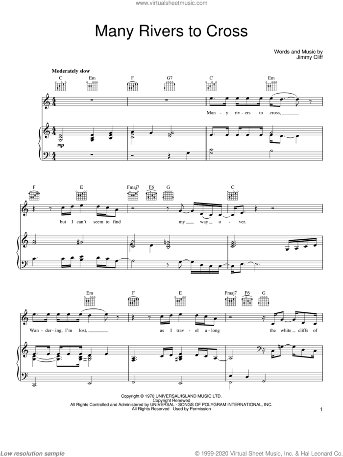Many Rivers To Cross sheet music for voice, piano or guitar by Joe Cocker, UB40 and Jimmy Cliff, intermediate skill level
