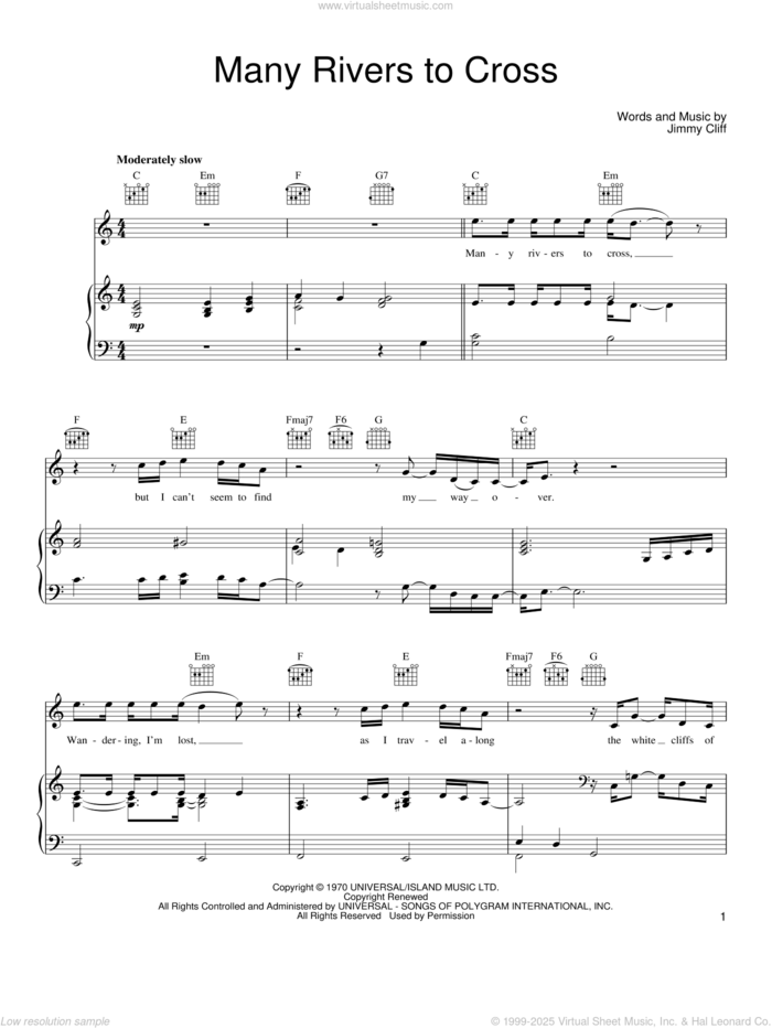 Many Rivers To Cross sheet music for voice, piano or guitar by Joe Cocker, UB40 and Jimmy Cliff, intermediate skill level